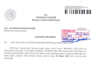 0809 Gelen Sanayi ve Teknoloji Il Müd. 4567555 Yıllık Işletme Cetveli